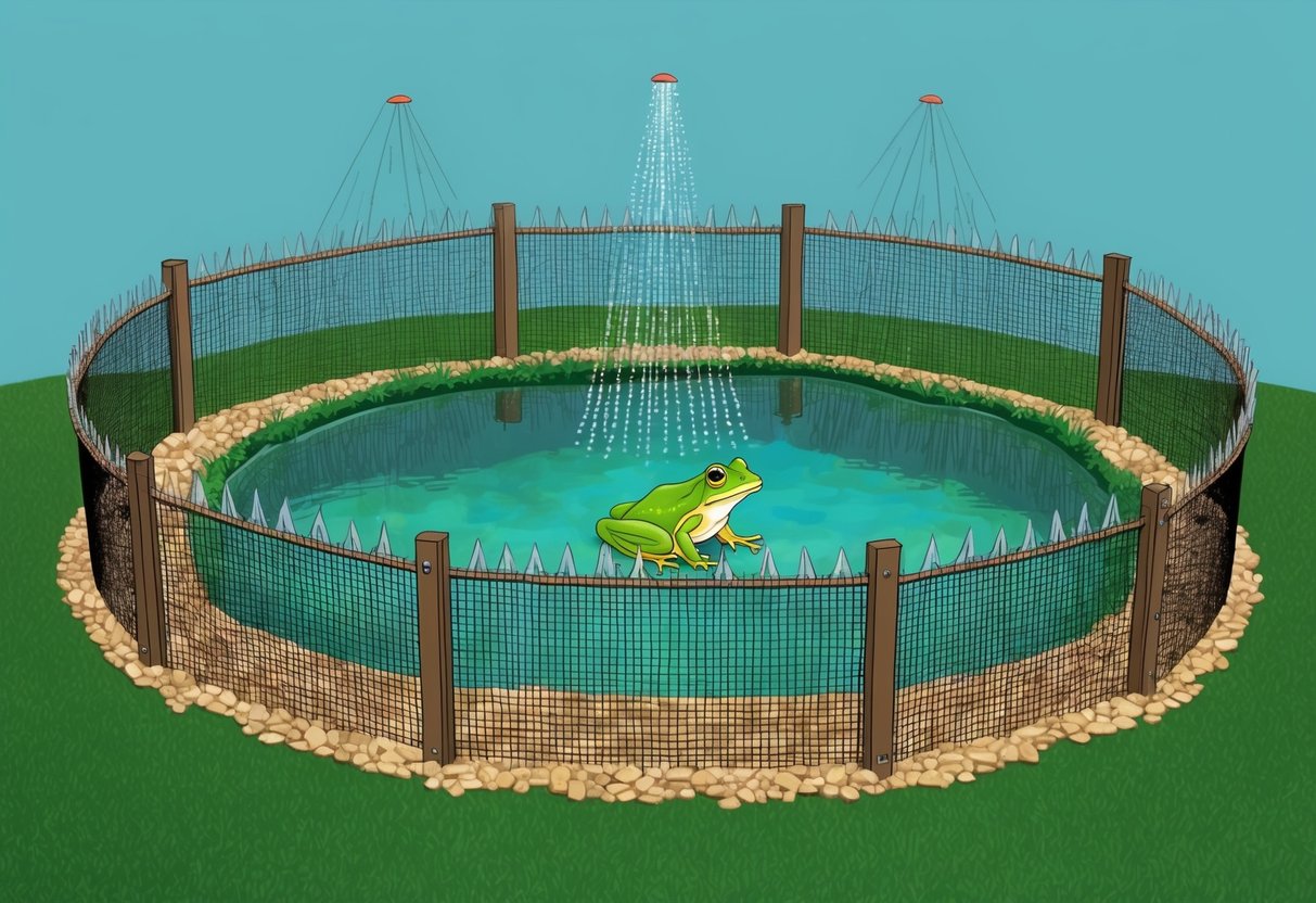 A frog pond surrounded by a fence with sharp spikes and a motion-activated sprinkler system to deter predators