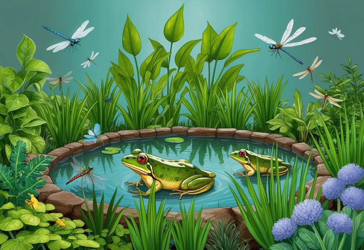 A frog pond surrounded by lush, green plants attracts dragonflies, birds, and insects, creating a vibrant ecosystem