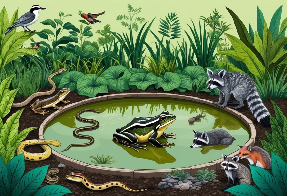 A frog pond surrounded by lush vegetation attracts birds, snakes, and insects, providing a diverse ecosystem for mammals like raccoons and foxes to benefit from