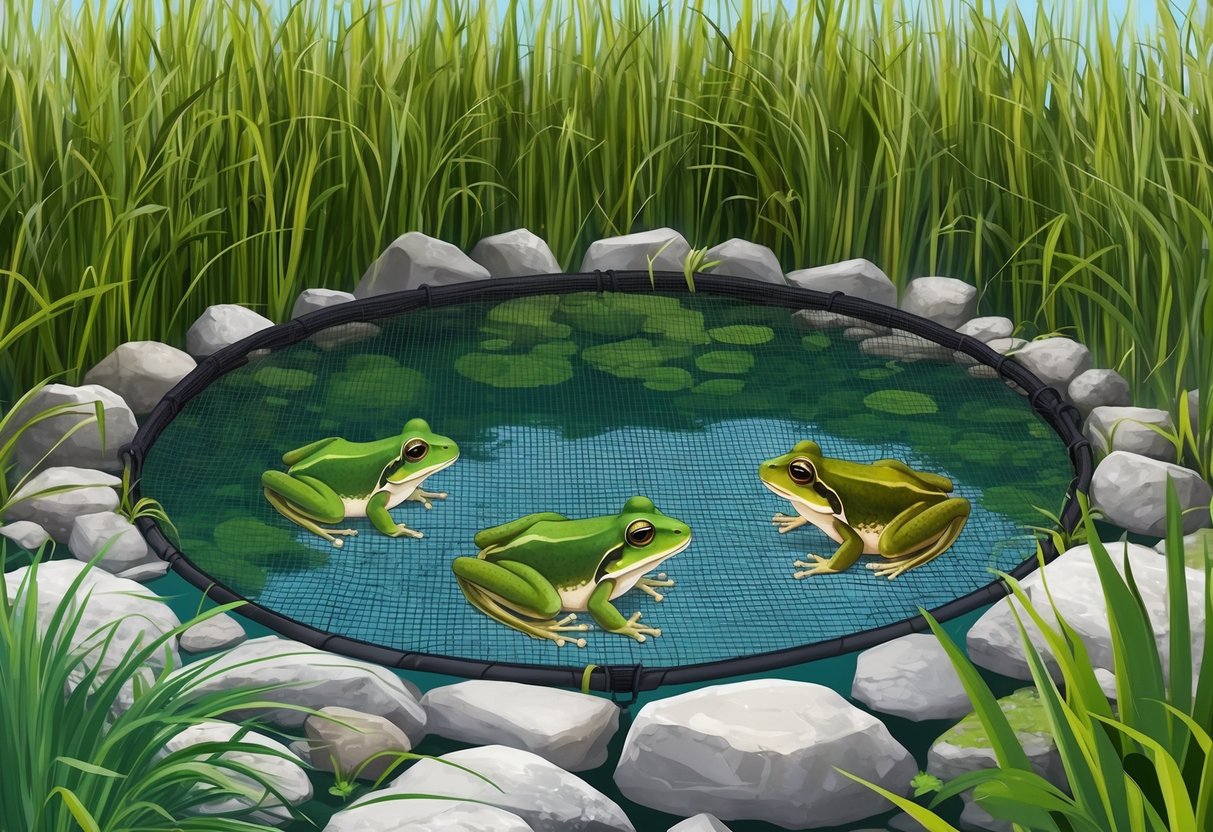 A frog pond surrounded by tall, dense grass and rocks, with a mesh cover to prevent predators from accessing the water