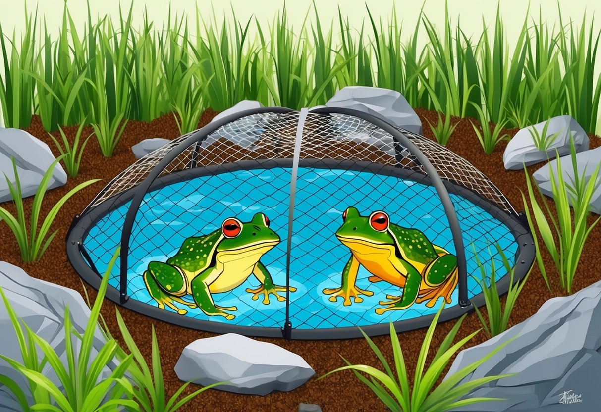 A frog pond surrounded by tall grass and rocks, with a mesh cover to keep predators away