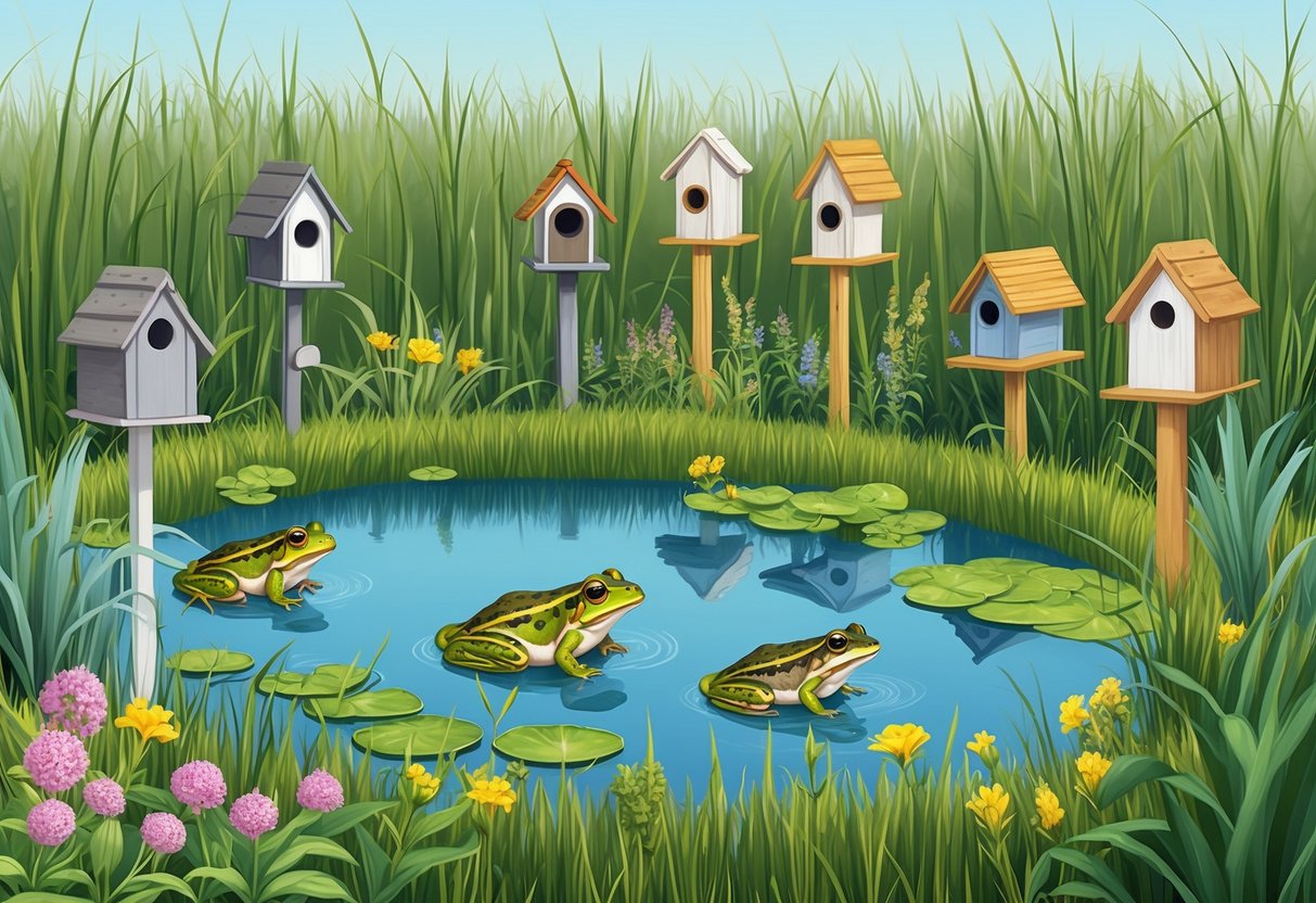 A frog pond surrounded by tall grasses and blooming plants, with a variety of birdhouses and perches placed strategically to attract natural predators of pond pests