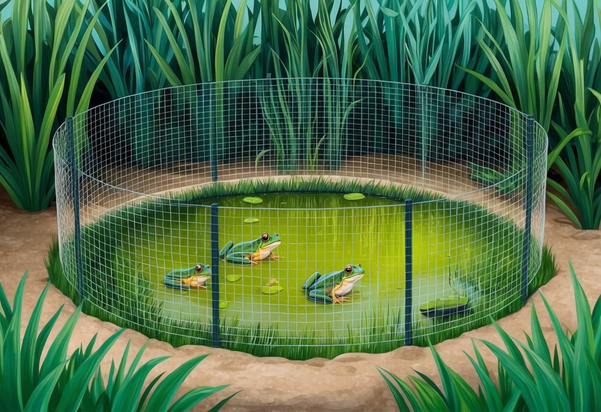 A frog pond surrounded by tall plants and a wire mesh fence to keep predators out
