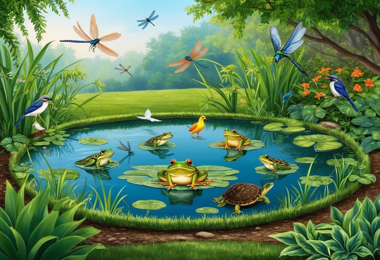 A frog pond teeming with dragonflies, birds, and turtles, surrounded by lush vegetation
