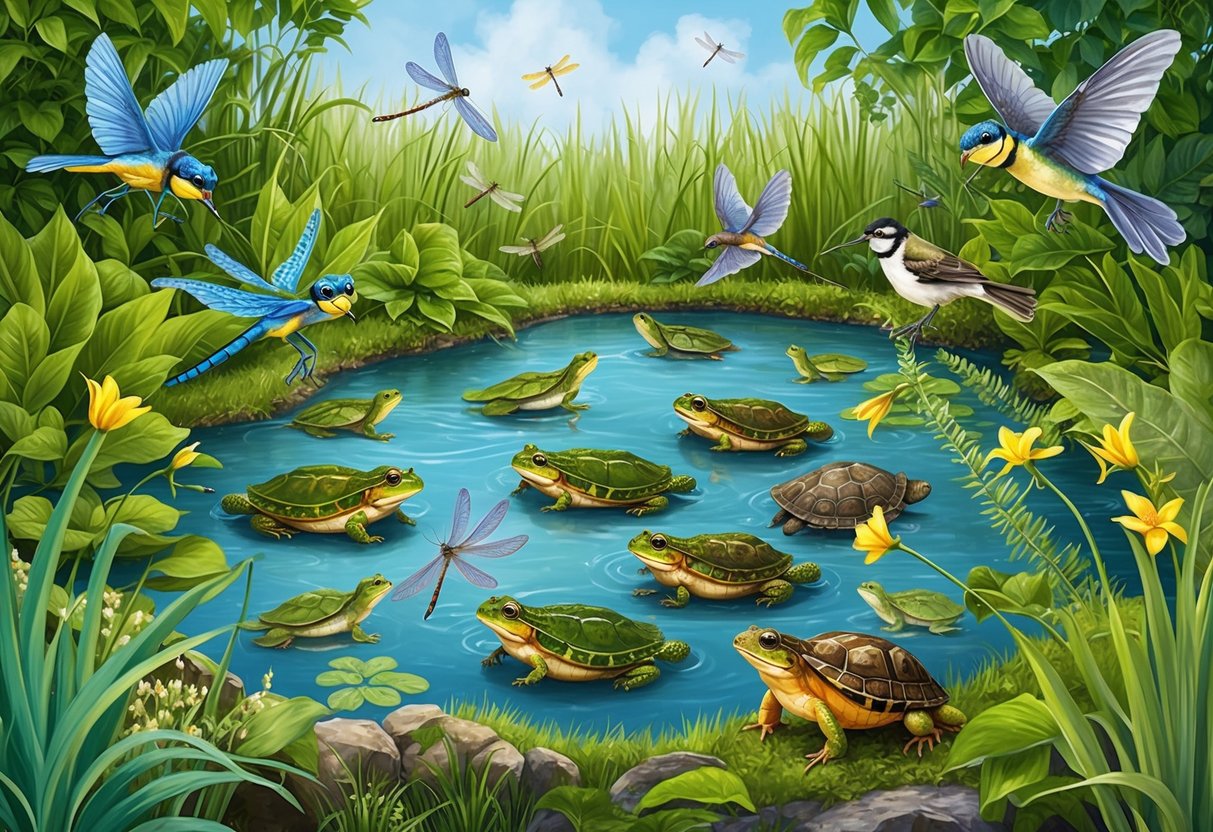 A frog pond teeming with dragonflies, turtles, and songbirds, surrounded by lush vegetation and buzzing with life