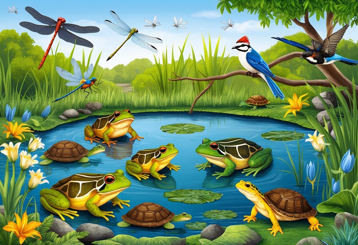 A frog pond teeming with dragonflies, turtles, and songbirds