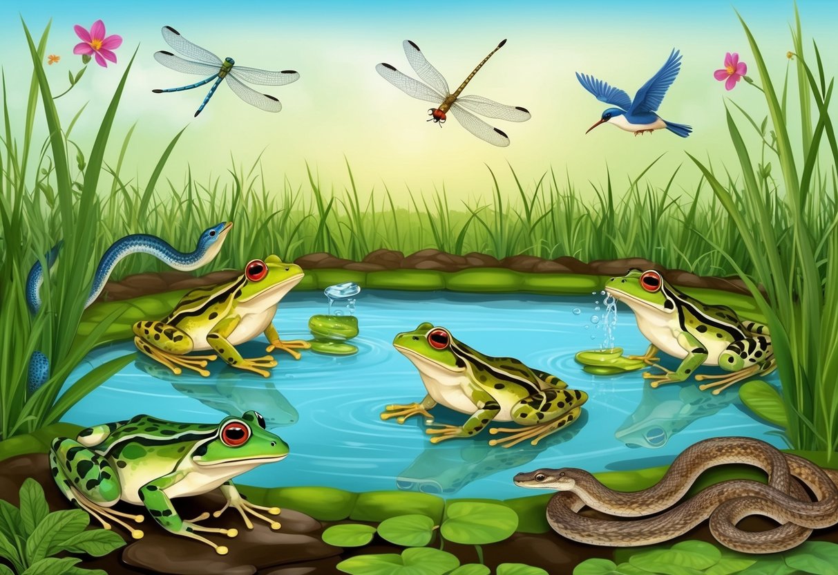 A frog pond teeming with life: dragonflies hover, birds drink, and snakes slither nearby