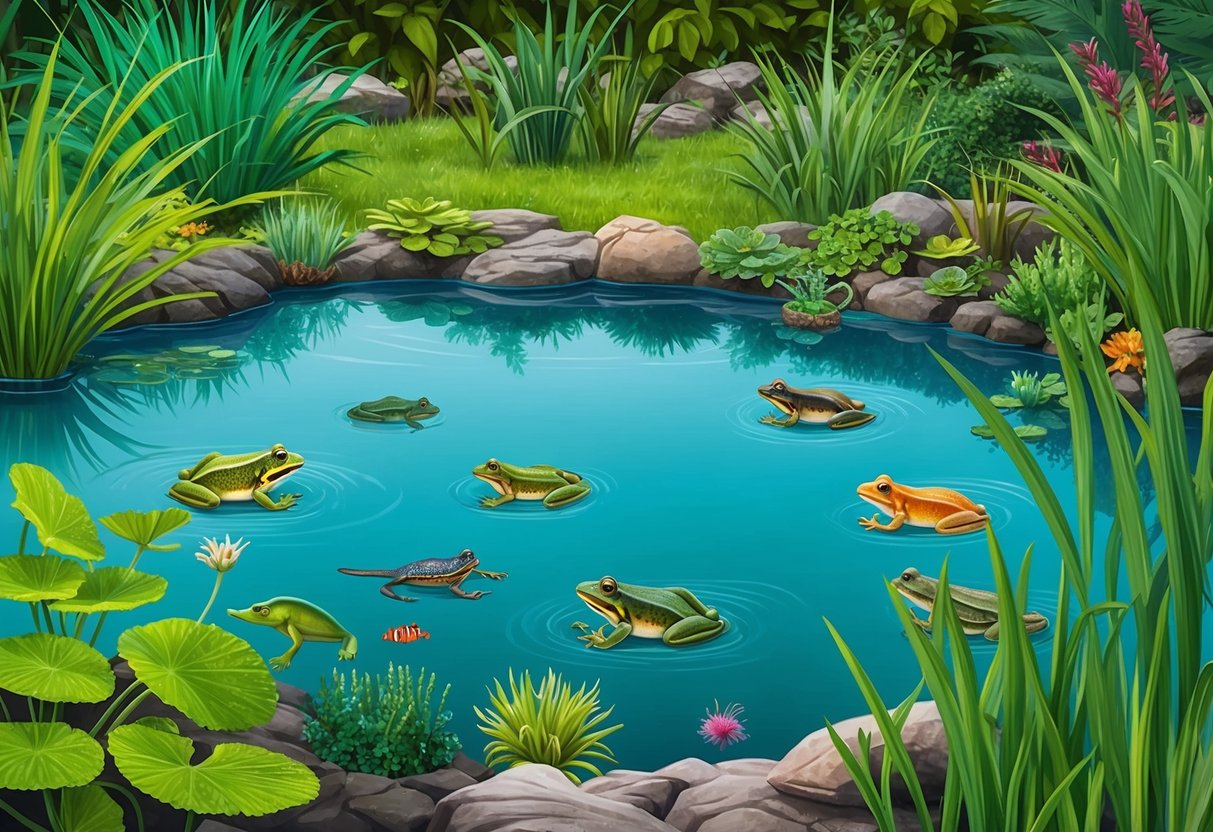 A frog pond with clear water, lush vegetation, and diverse aquatic life thriving