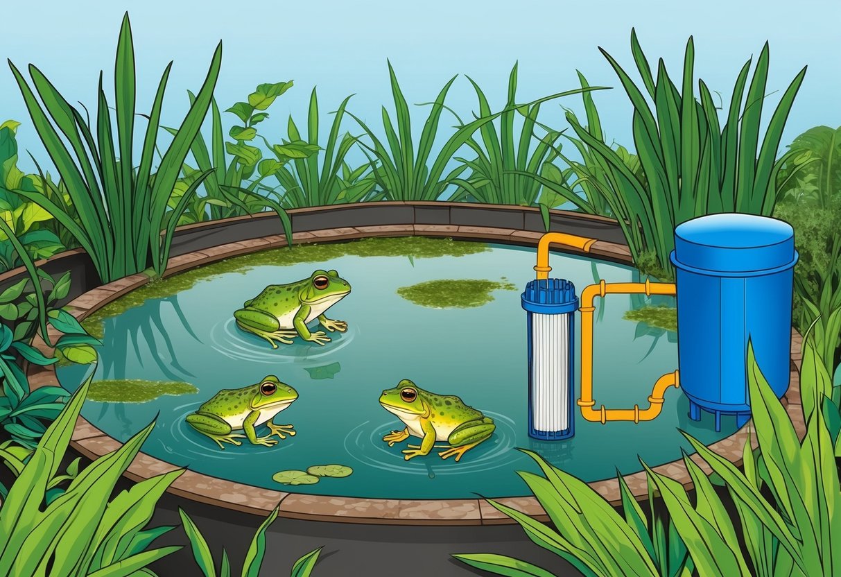 A frog pond with overgrown plants, murky water, and algae. A pump and filter system installed, clearing the water and creating a healthy habitat for the frogs