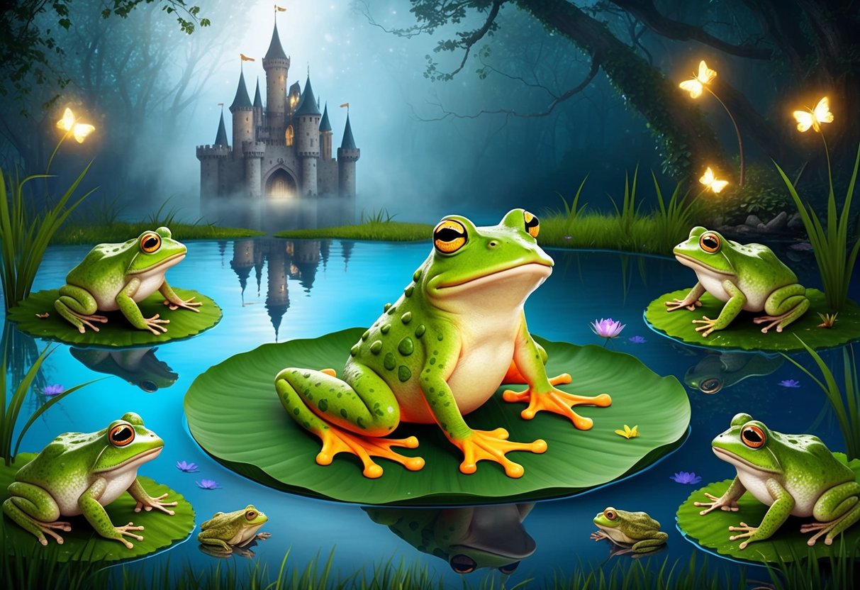 A frog prince sits on a lily pad in a mystical pond, surrounded by toads and fireflies. A castle looms in the background, shrouded in mist