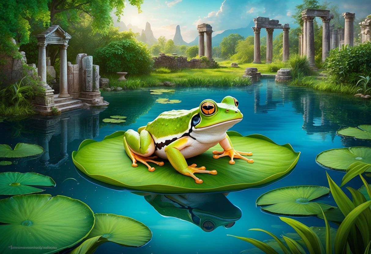 A frog sits atop a lily pad in a mystical pond, surrounded by lush greenery and ancient ruins