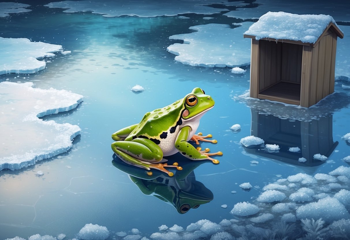 A frog sits on a partially frozen pond, surrounded by patches of open water. Nearby, a small shelter provides protection from the cold