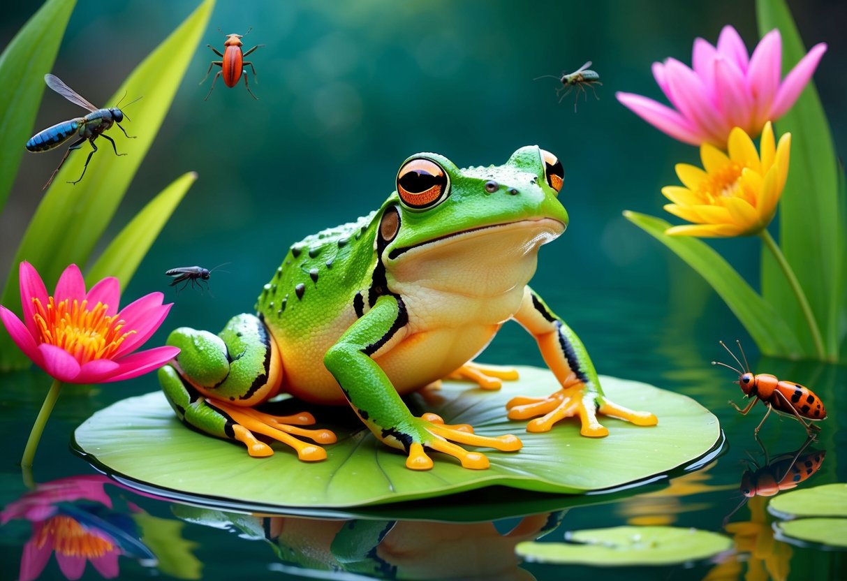 A frog sitting on a lily pad surrounded by colorful flowers and insects
