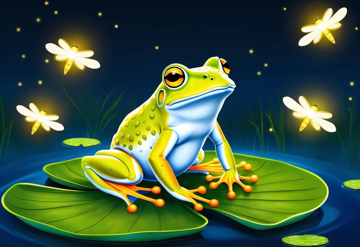 A frog sitting on a lily pad surrounded by glowing fireflies at night