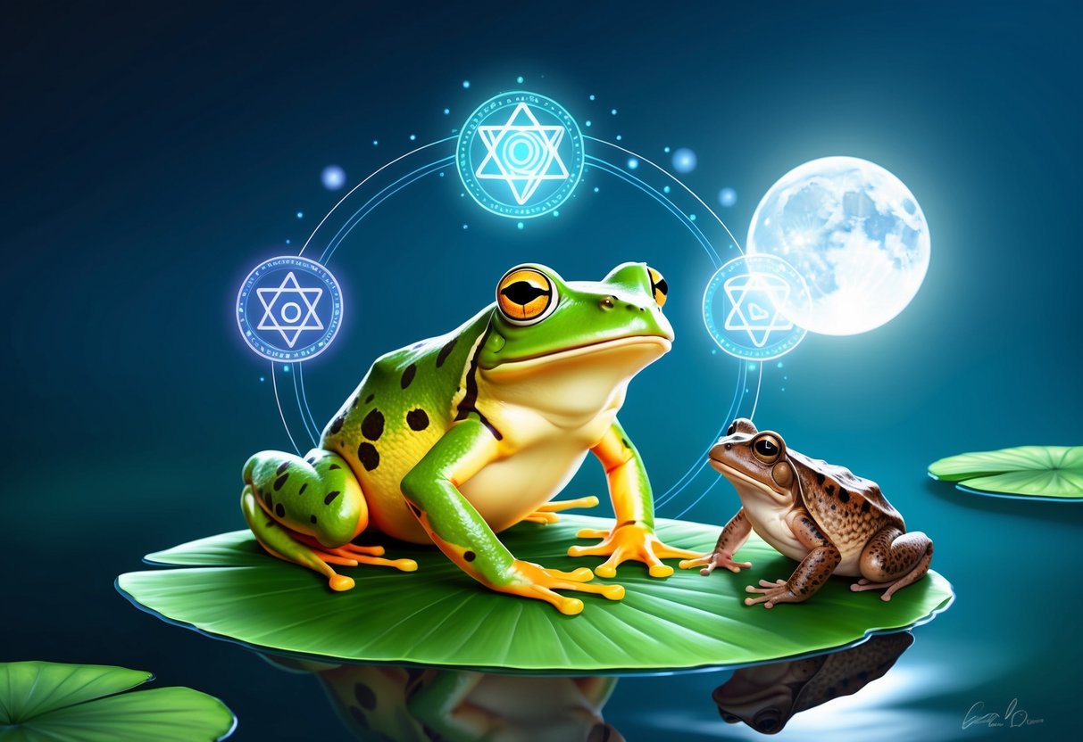 A frog sitting on a lily pad surrounded by mystical symbols and glowing orbs, with a toad nearby casting a shadow in the moonlight