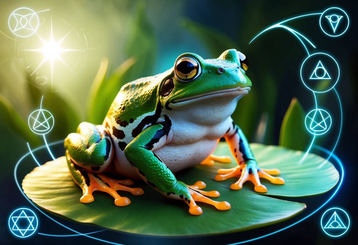 A frog sitting on a lily pad, surrounded by mystical symbols and glowing with an otherworldly light