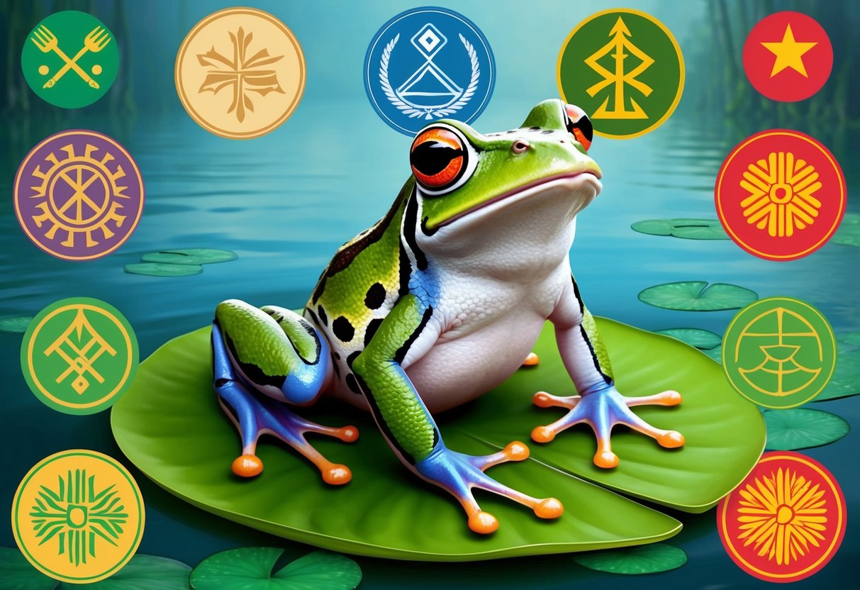 A frog sitting on a lily pad surrounded by symbols of different cultures