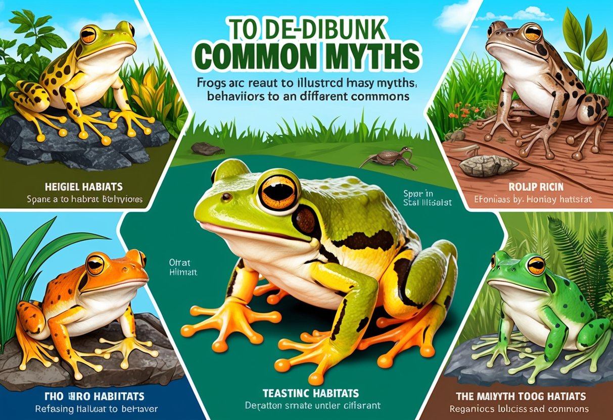 A frog surrounded by various habitats, displaying different behaviors to debunk common myths