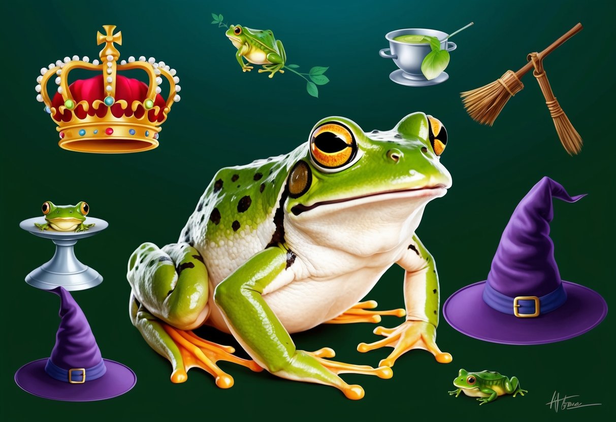 A frog surrounded by various objects representing common myths, such as a crown for the 