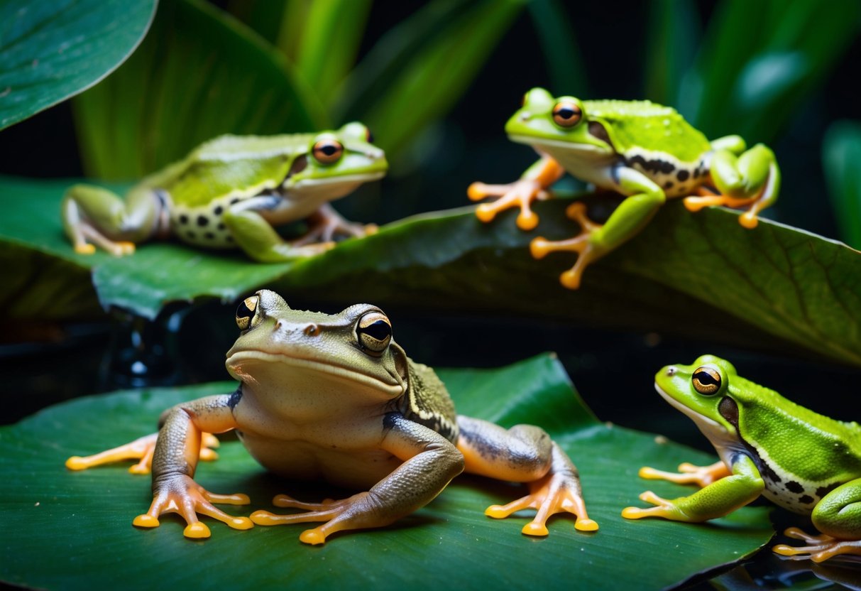 A frog with dull, discolored skin sits listlessly, its limbs swollen and misshapen. Nearby, healthy frogs leap and swim in a vibrant, thriving ecosystem