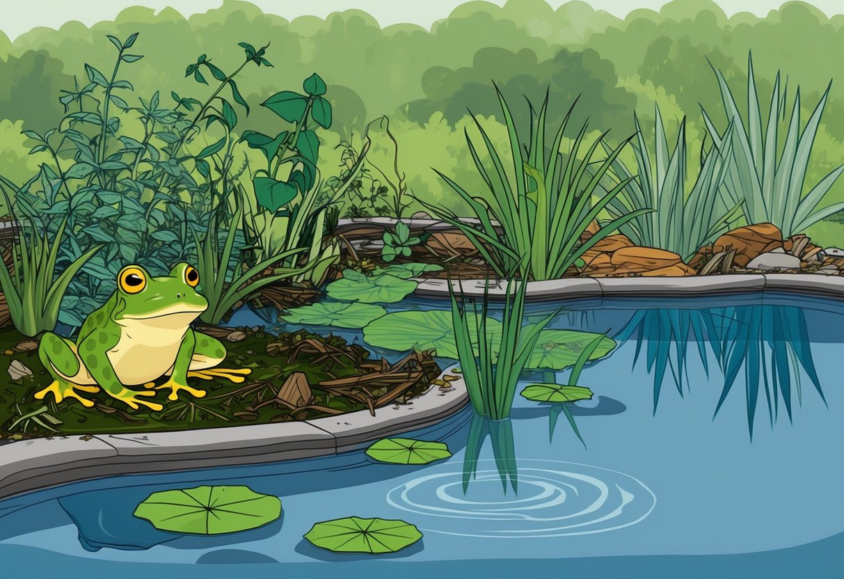 A garden frog pond with overgrown plants, algae, and debris. A clean, balanced pond with diverse plants and clear water