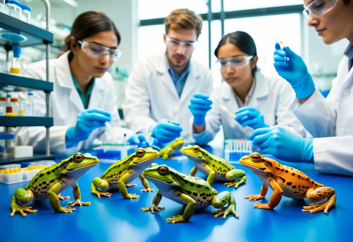 A group of amphibians in a research lab, surrounded by genetic sequencing equipment and scientists in lab coats conducting experiments on disease and immunity genetics