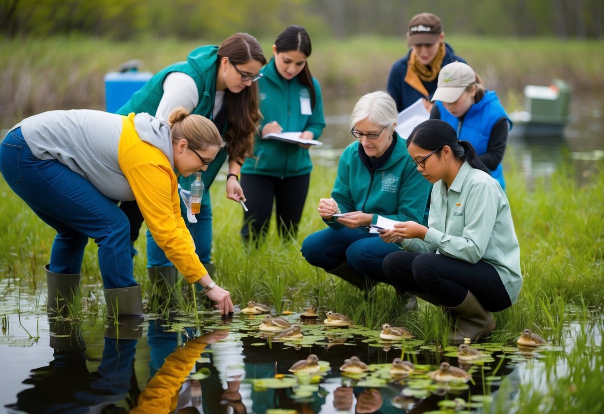 A group of citizens collect data on frog populations in a wetland, while scientists analyze water quality and habitat