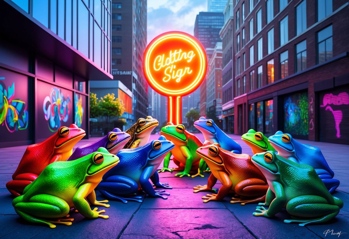 A group of colorful frogs and toads gather around a glowing neon sign, surrounded by modern city buildings and street art
