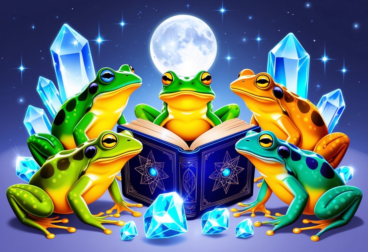 A group of colorful frogs and toads gathered around a mystical-looking book, surrounded by sparkling crystals and shimmering moonlight
