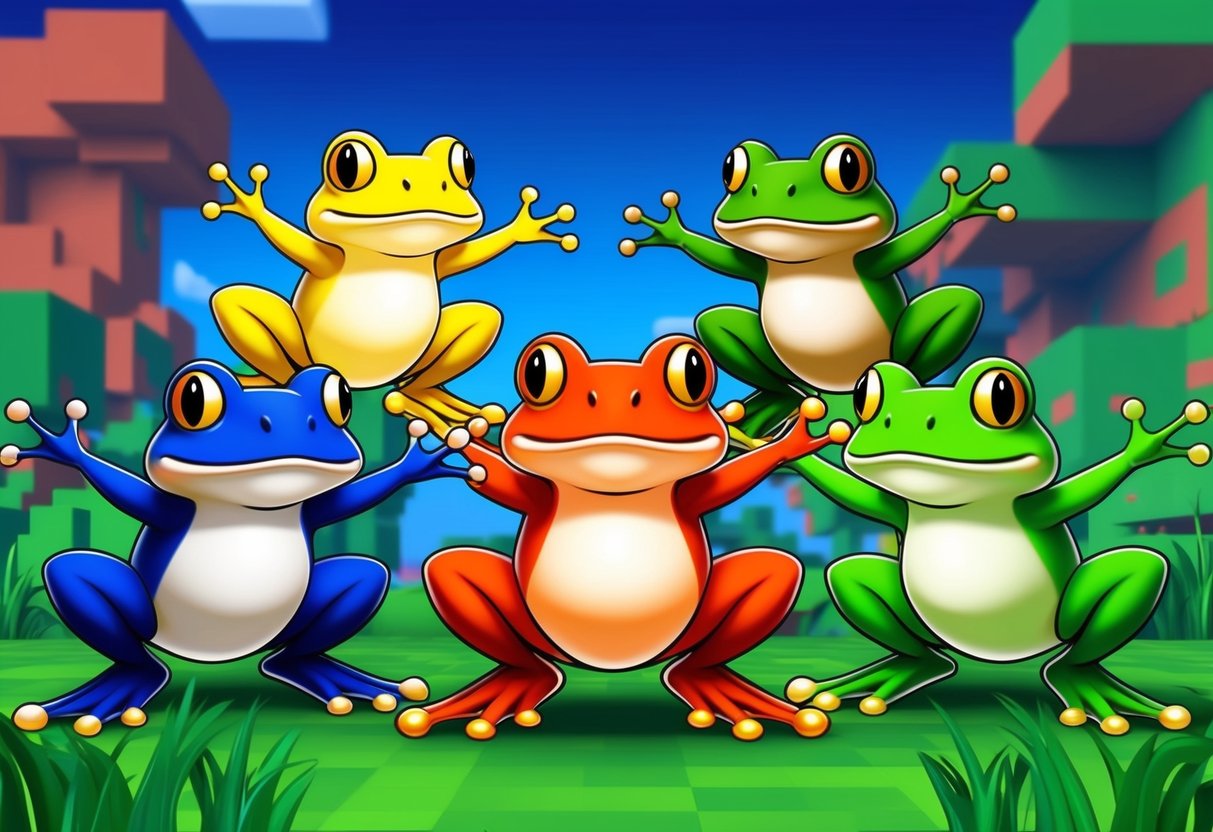A group of colorful frogs and toads hopping through a vibrant, pixelated video game world