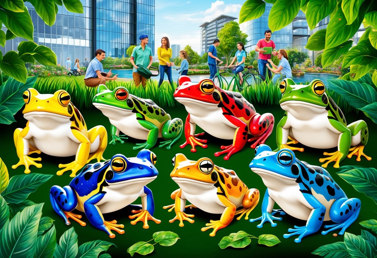 A group of colorful frogs and toads surrounded by lush greenery, with a backdrop of modern urban buildings and people engaging in eco-friendly activities