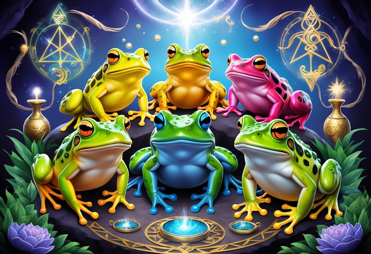A group of colorful frogs and toads surrounded by mystical symbols and enchanting objects, with a sense of wonder and reverence in the air
