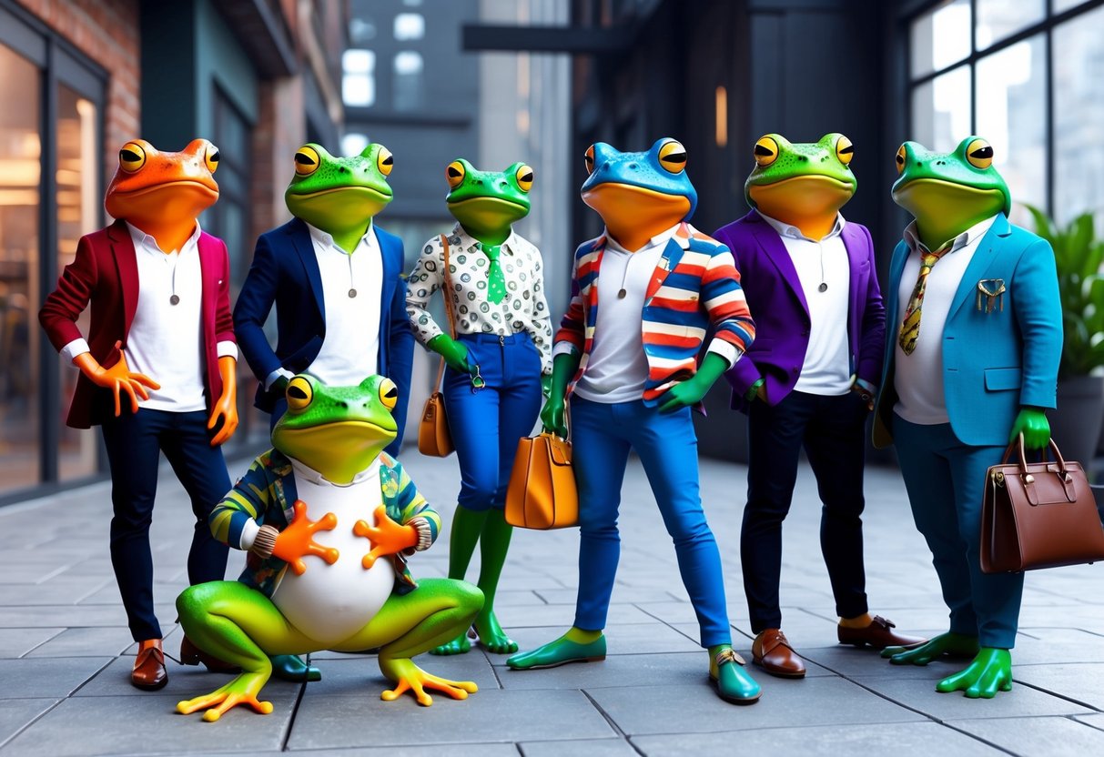 A group of colorful frogs and toads wearing modern clothing and accessories, posing in a trendy urban setting