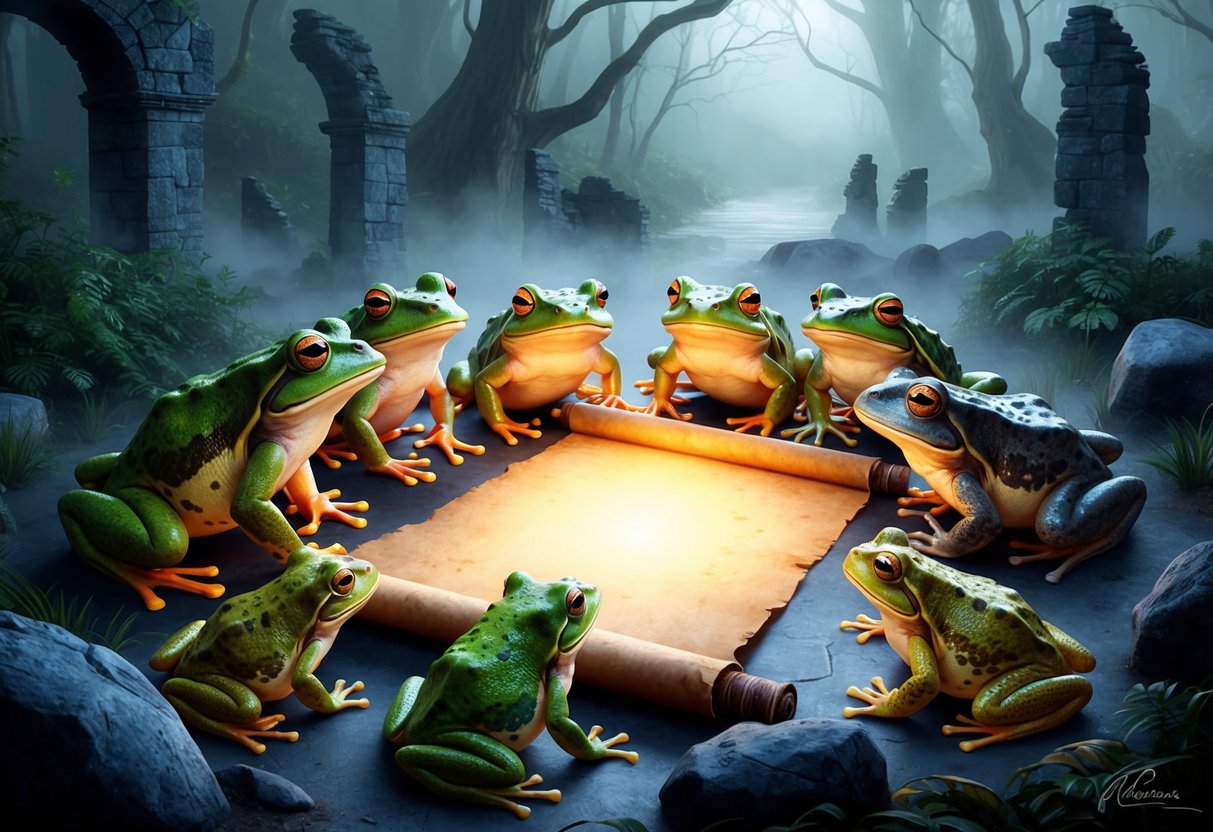 A group of frogs and toads gather around a glowing ancient scroll, surrounded by misty forest ruins