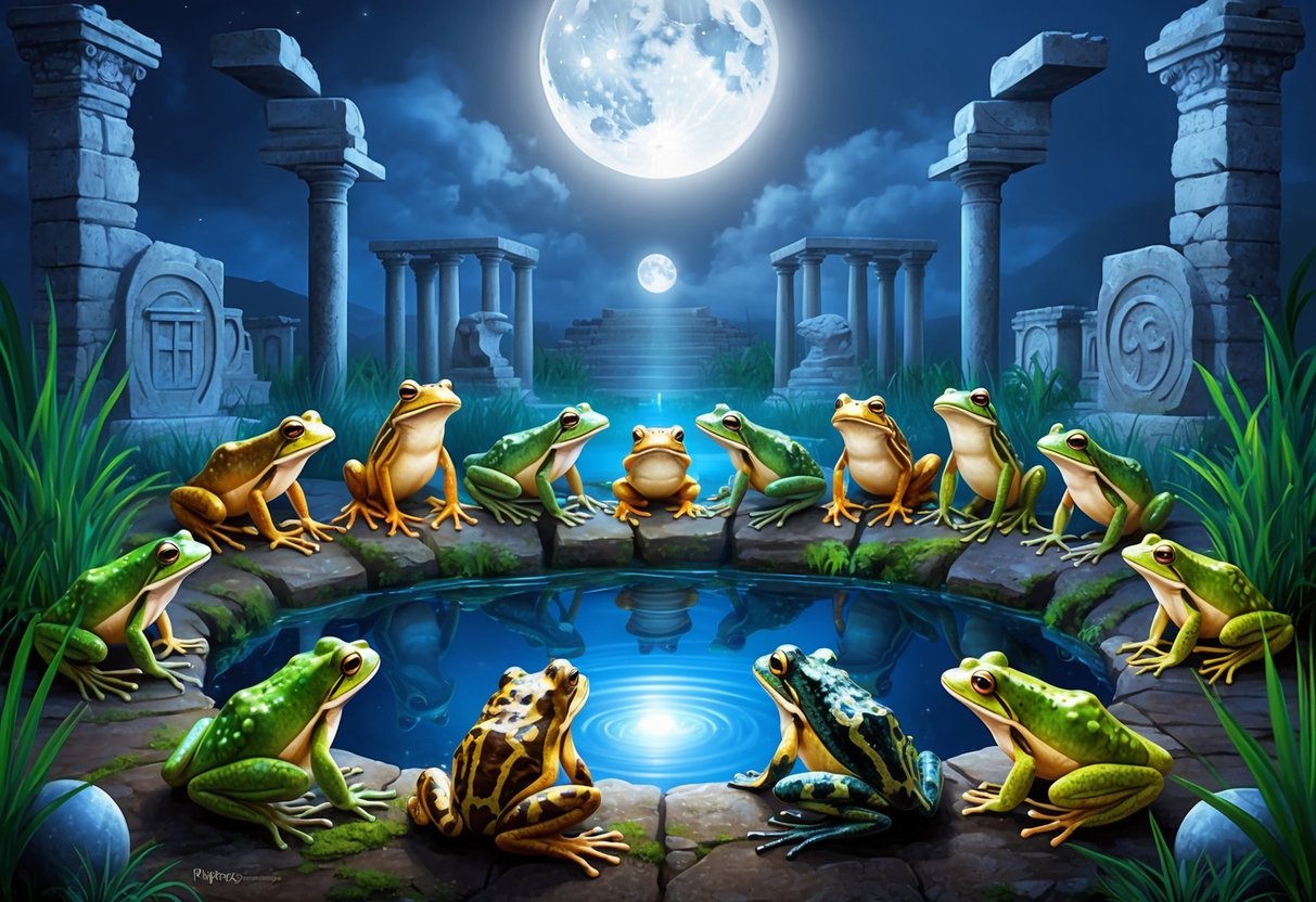 A group of frogs and toads gather around a mystical-looking pond, surrounded by ancient ruins and symbols. The moon shines brightly overhead, casting an otherworldly glow on the scene