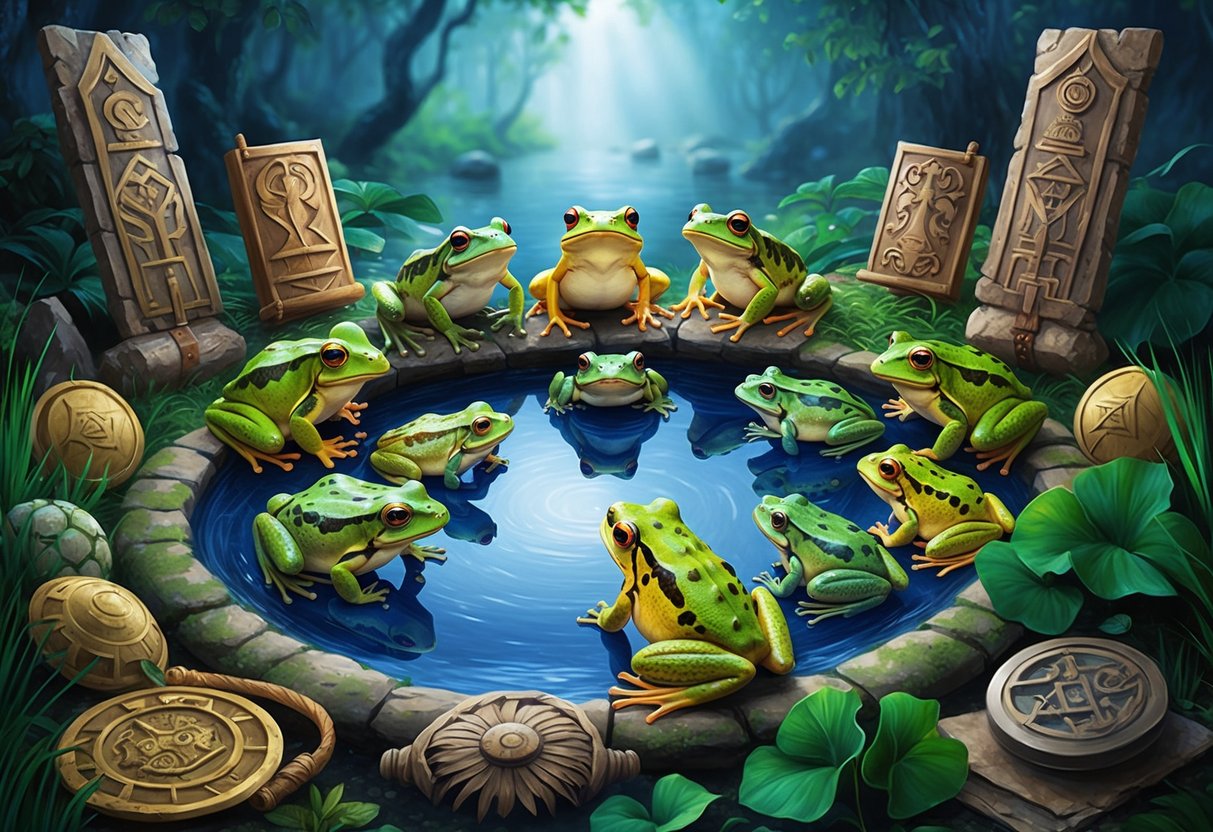A group of frogs and toads gather around a mystical pond, surrounded by ancient symbols and artifacts, as they are revered in cultural beliefs and superstitions