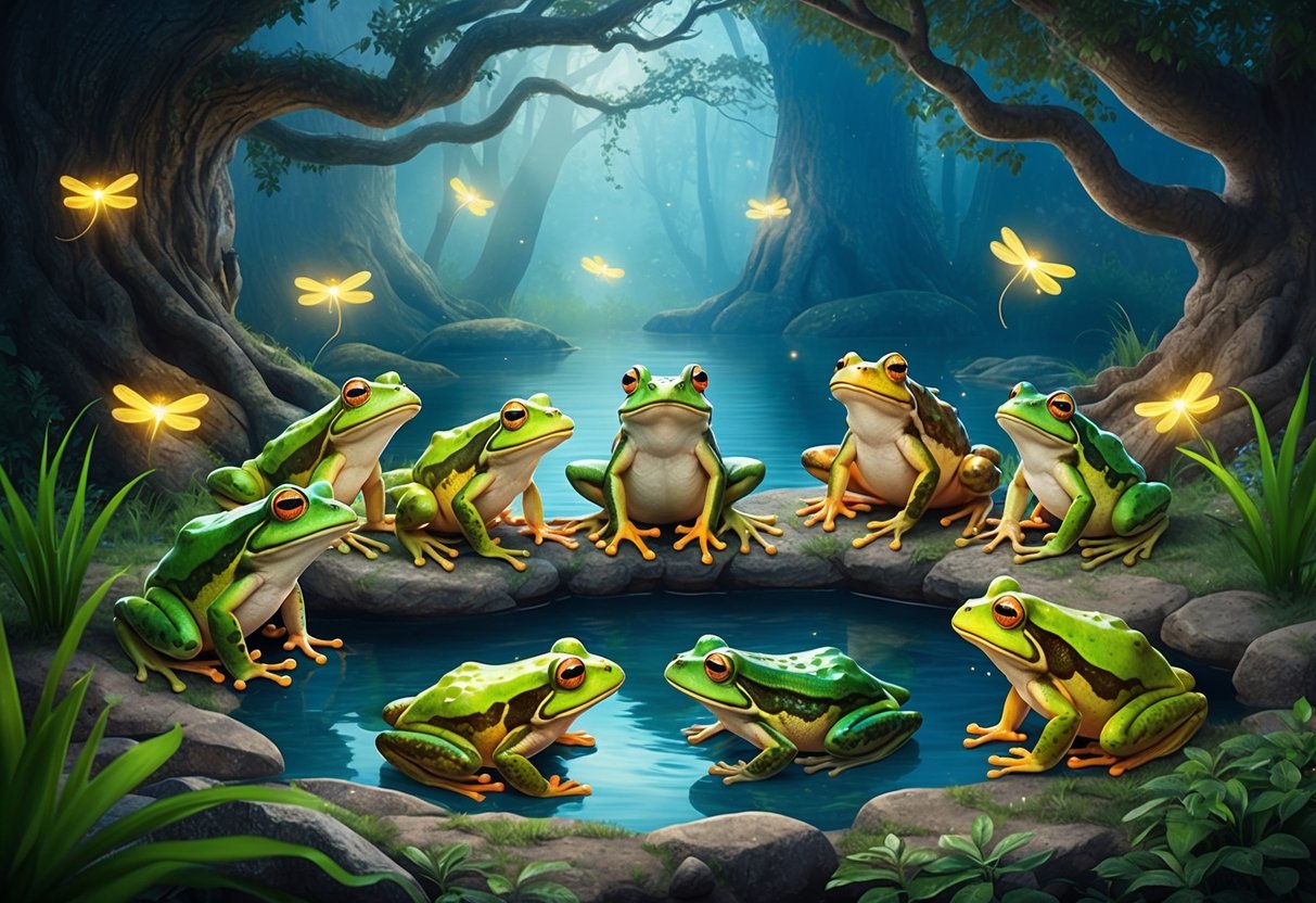 A group of frogs and toads gather around a mystical pond, surrounded by ancient trees and glowing fireflies