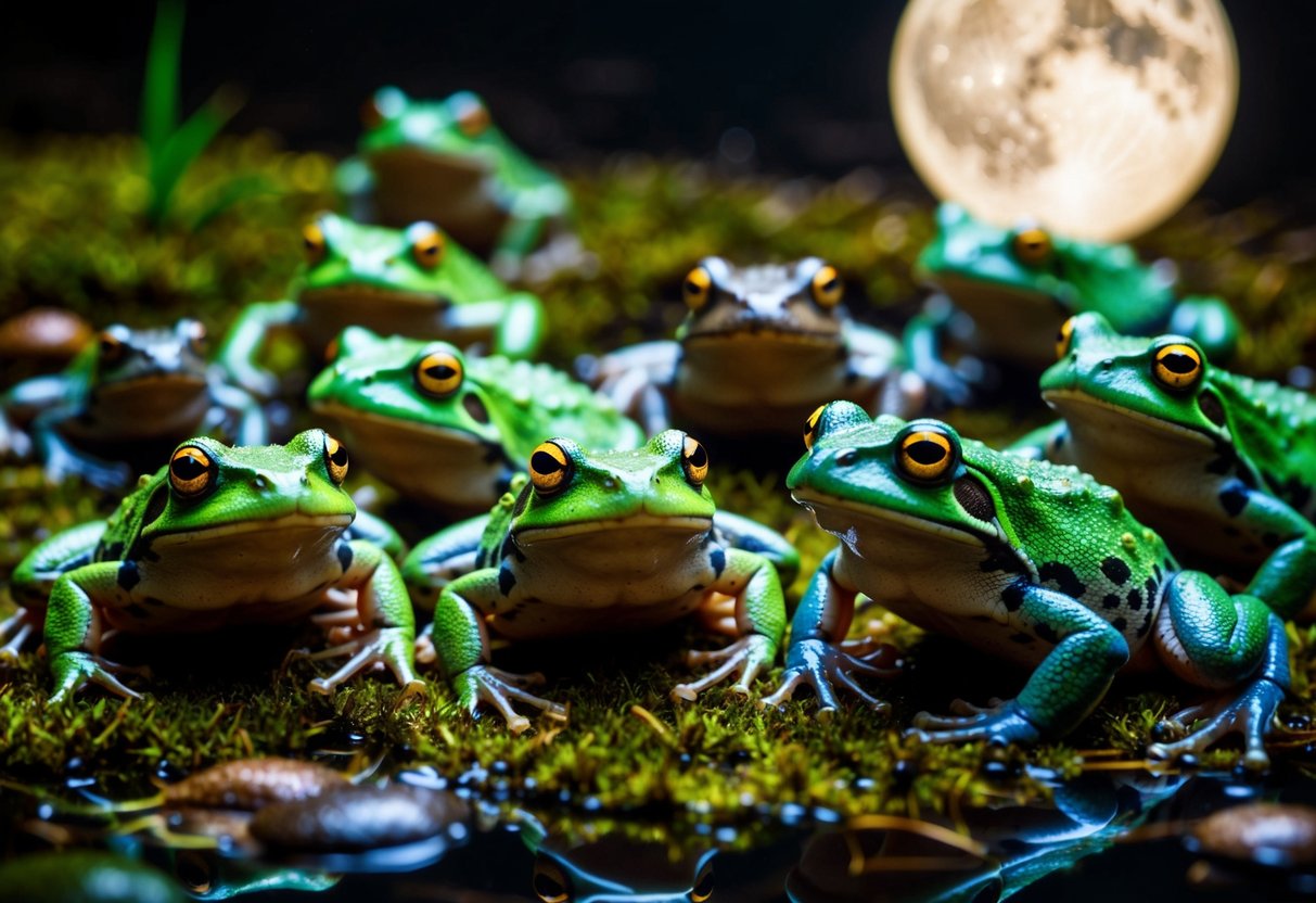 A group of frogs and toads gather under the moonlight, their eyes gleaming as they navigate through a wet and mossy environment