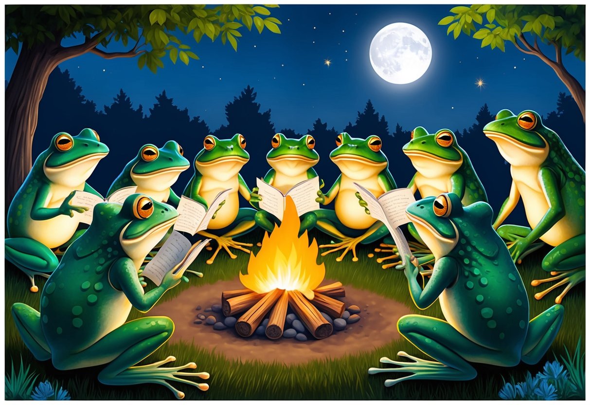 A group of frogs and toads gathered around a campfire, sharing stories and legends with each other under the moonlit sky