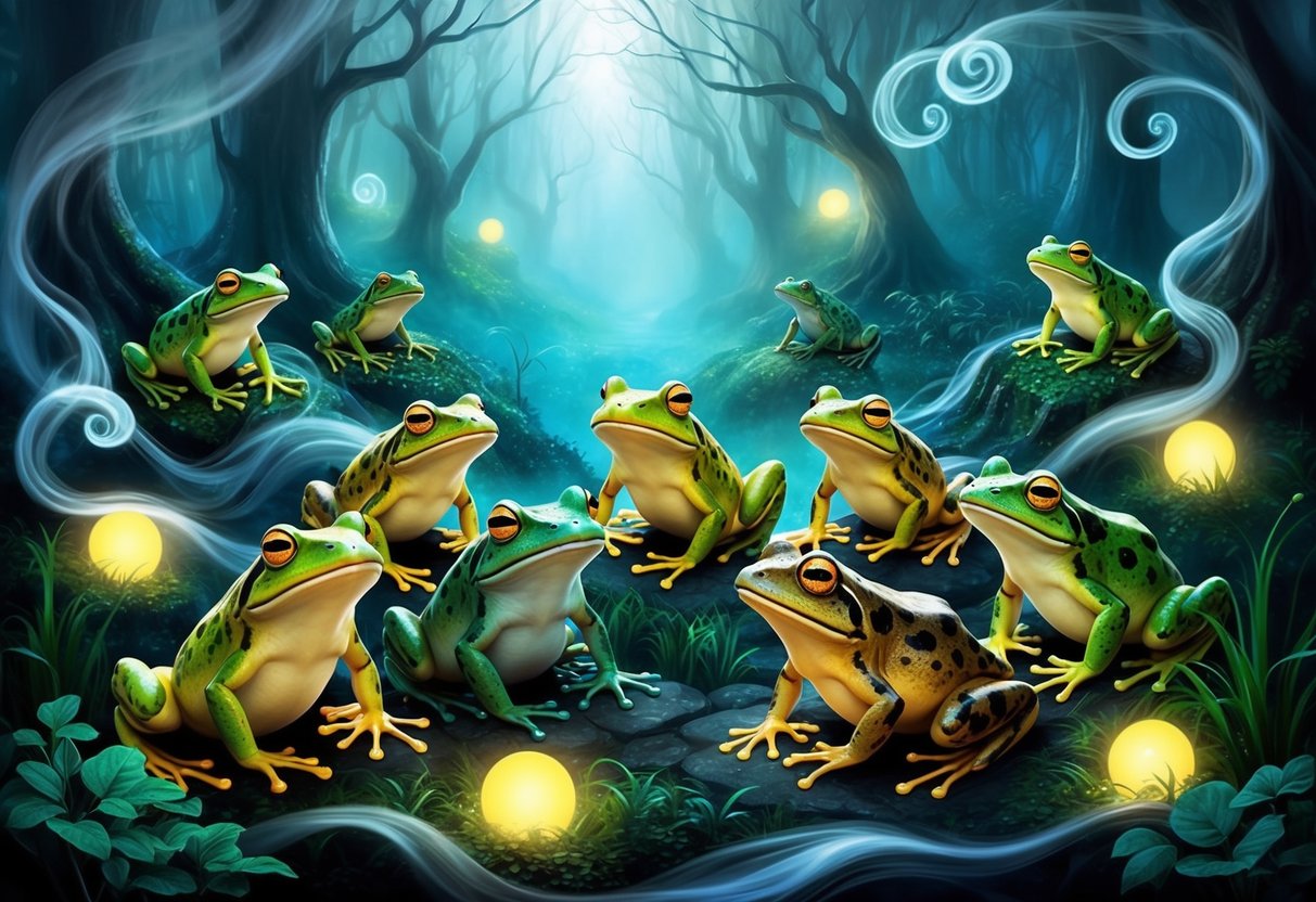 A group of frogs and toads gathered in a mystical forest, surrounded by swirling mists and glowing orbs, evoking a sense of enchantment and wonder