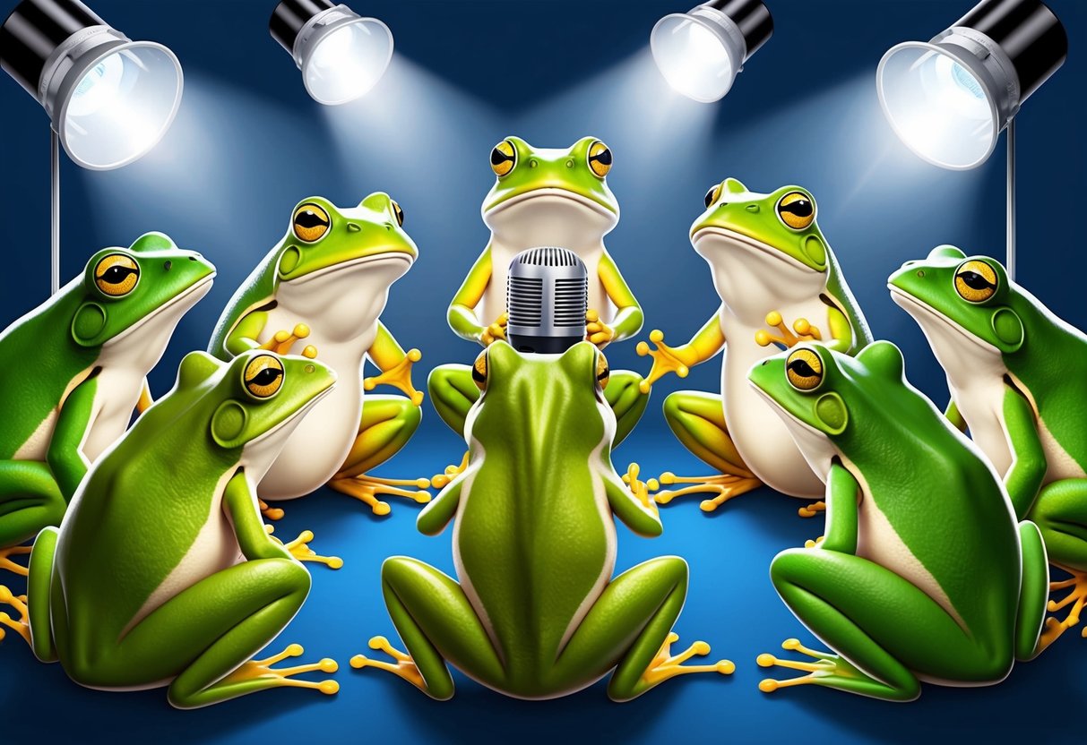 A group of frogs and toads gathering around a microphone, with spotlights shining down on them as they engage in a lively discussion or performance