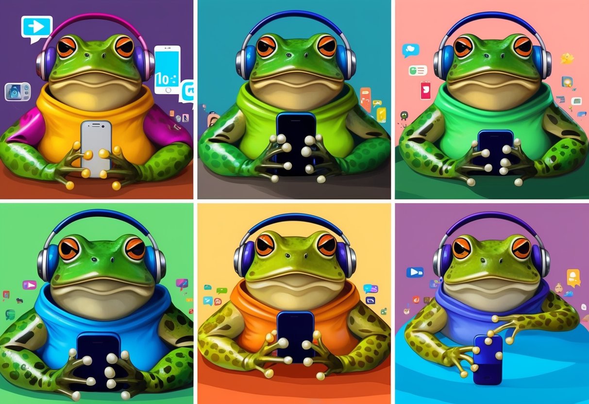 A group of frogs and toads in various modern settings, such as wearing headphones or using smartphones, surrounded by pop culture references