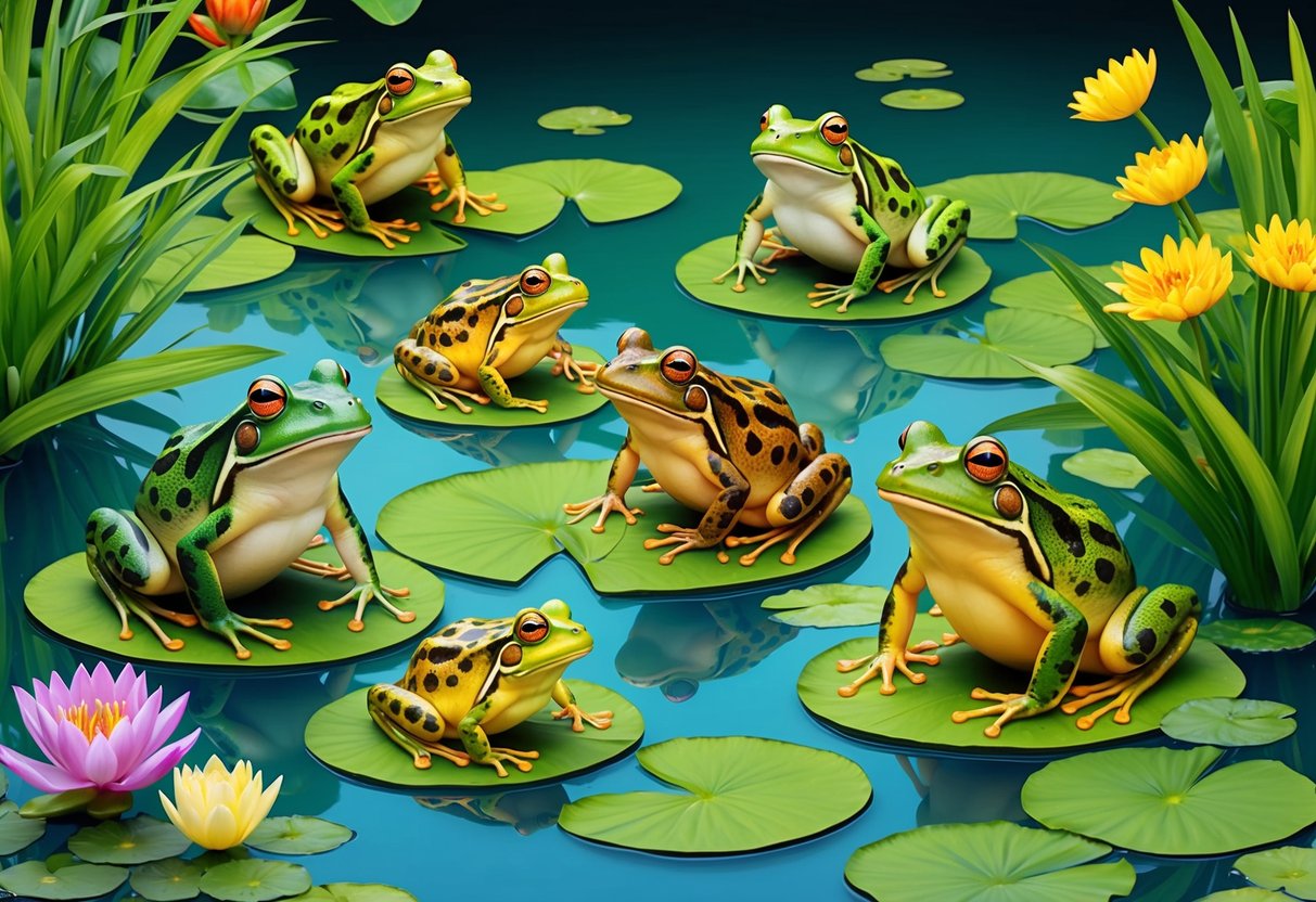 A group of frogs and toads sitting on lily pads in a peaceful pond, surrounded by vibrant green foliage and colorful flowers