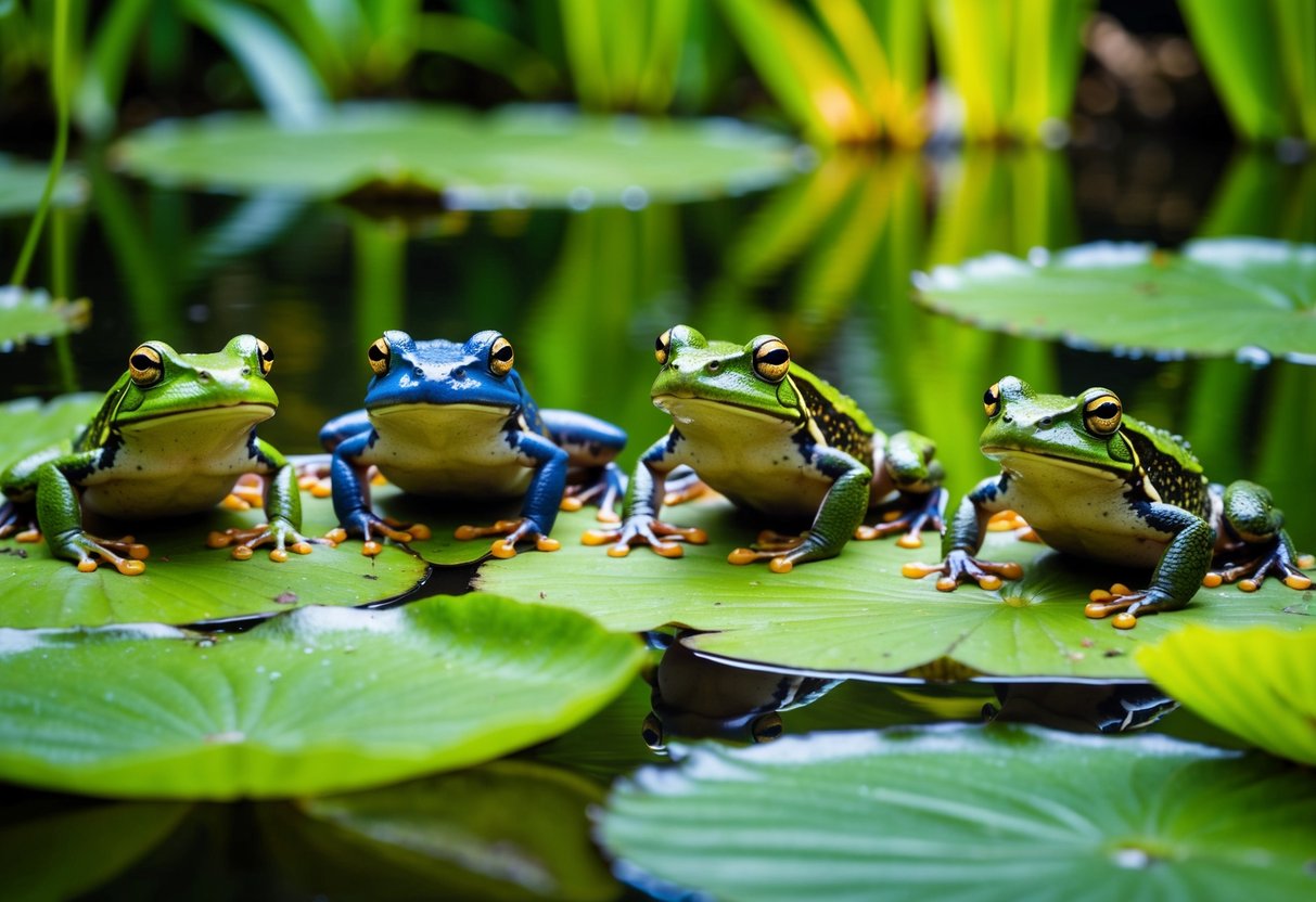 A group of frogs and toads sitting on lily pads in a pond, surrounded by vibrant green foliage and shimmering water