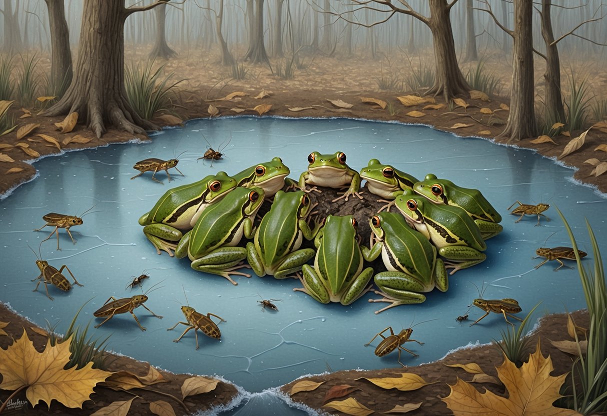 A group of frogs huddle together on a partially frozen pond, surrounded by fallen leaves and bare trees. Some are catching insects while others remain still, conserving energy