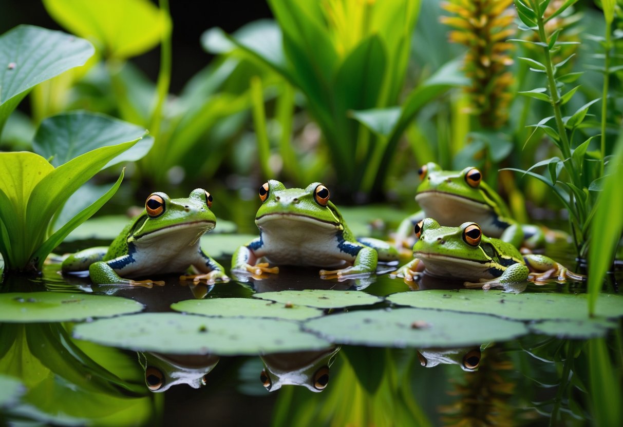 A group of frogs in a lush, diverse wetland habitat, surrounded by clean water and thriving vegetation, indicating a healthy environment