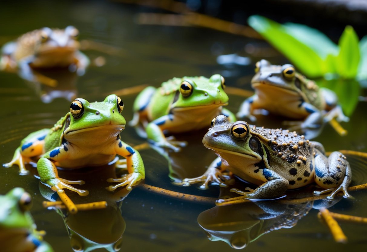 A group of frogs in a pond, some showing signs of illness, while others appear healthy. Parasites are visible on the infected frogs