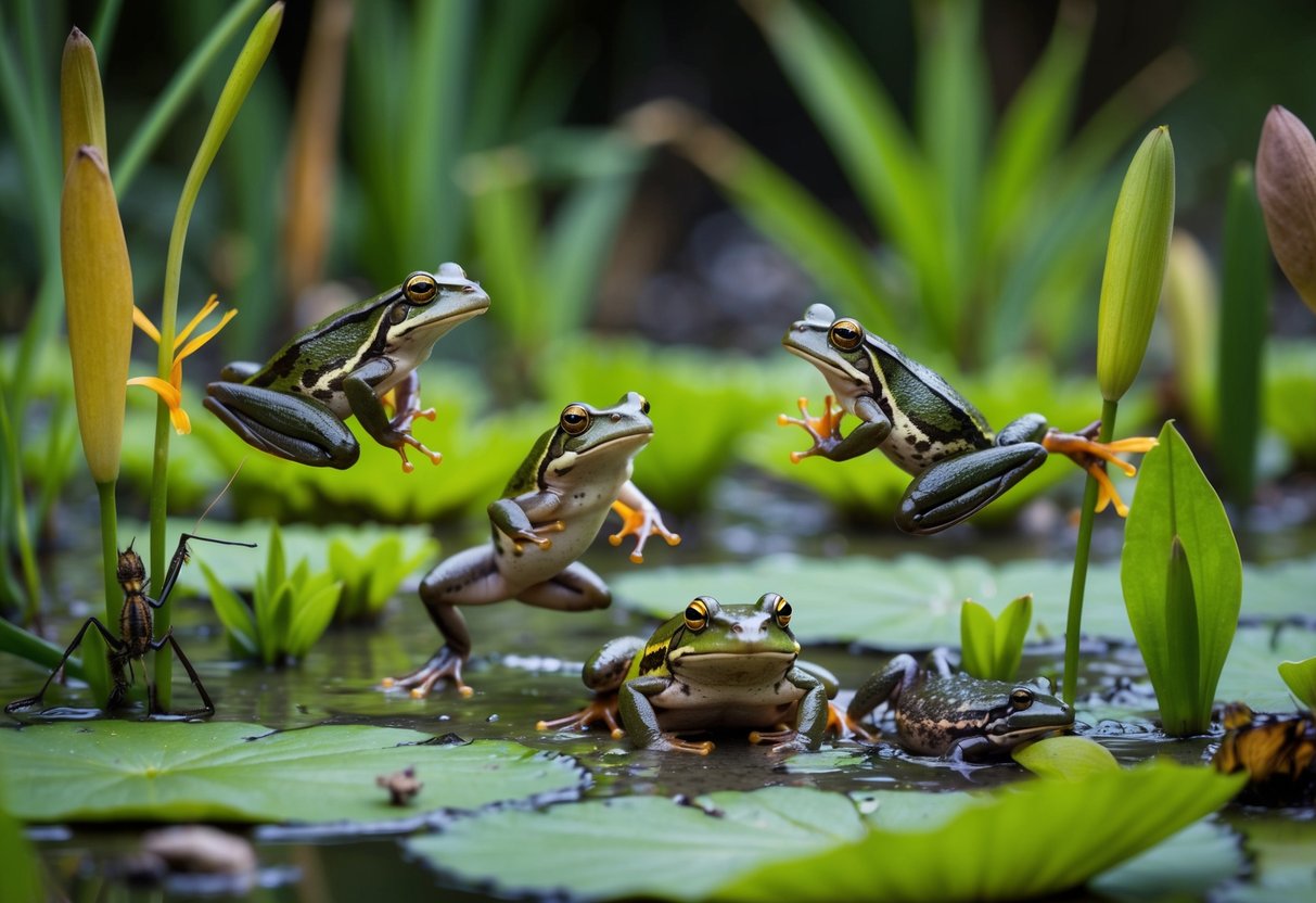 A group of frogs in a wetland habitat, surrounded by various plants and insects. Some are leaping from lily pads, while others are croaking and burrowing in the mud
