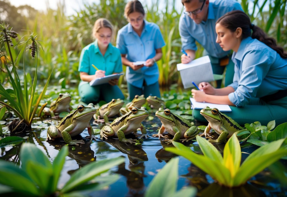 A group of frogs in a wetland, surrounded by diverse plant life and insects. They are observed by scientists taking notes and collecting data