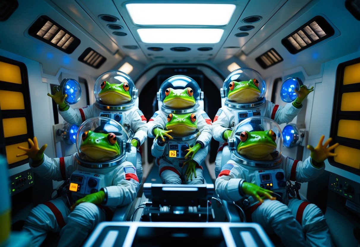A group of frogs in astronaut suits floating in a spaceship, surrounded by scientific equipment and conducting experiments